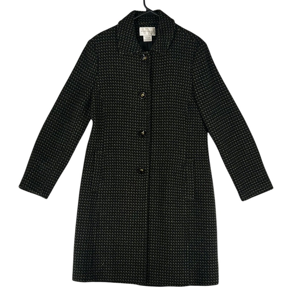 Worthington Button Up Black and Green Tweed Coat w/ Pockets Women's Size Large